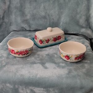 Pioneer Woman Vintage Floral Ceramic Butter Dish & Berry Bowls. Teal Pink Cream